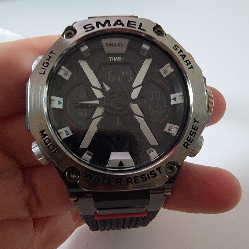 SMAEL Watch Mens Black Dial Silver Tone Case Analog Digital Alarm Quartz